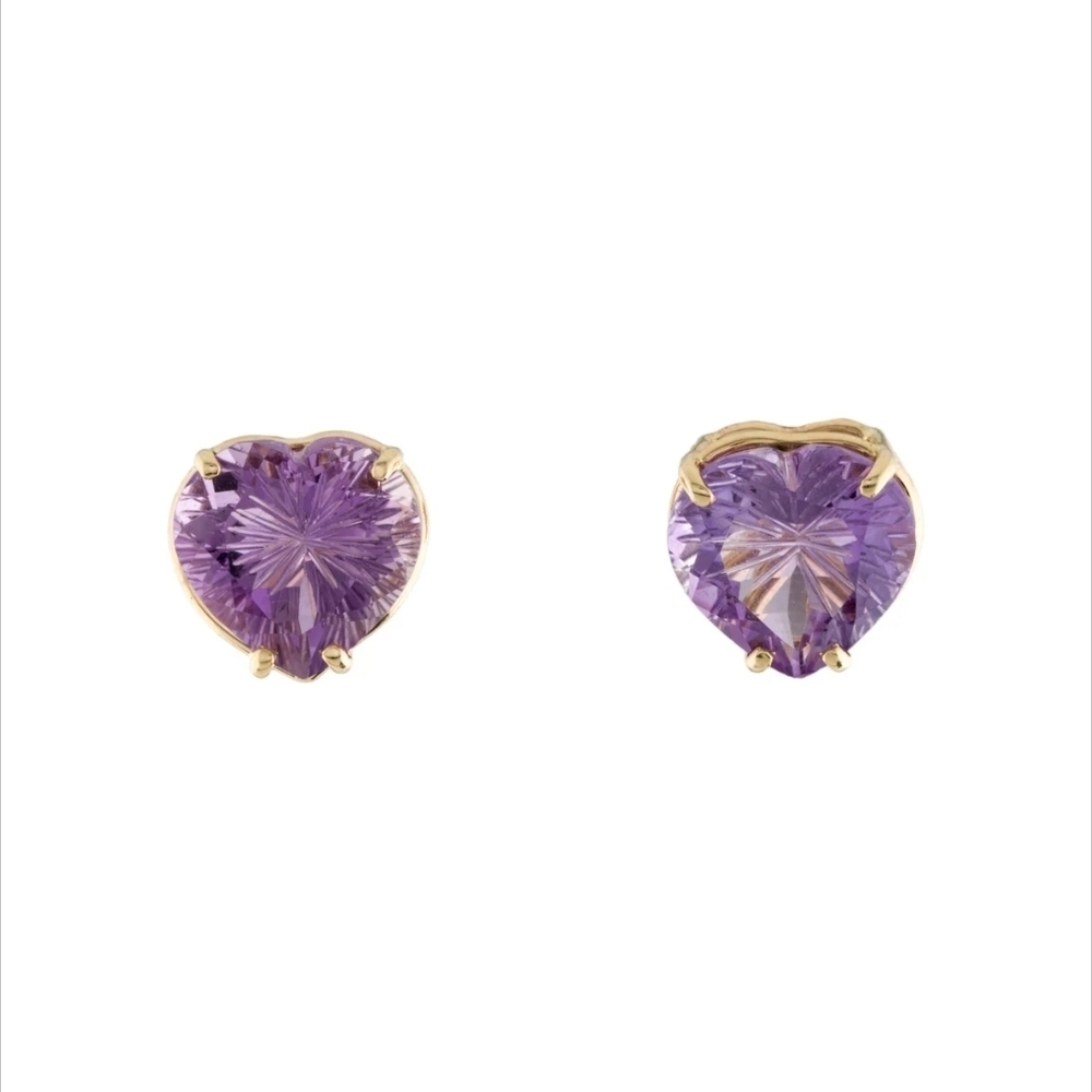 14kt Solid Yellow Gold Vintage Heart-Shaped Brilliant Amethyst Stud Earrings